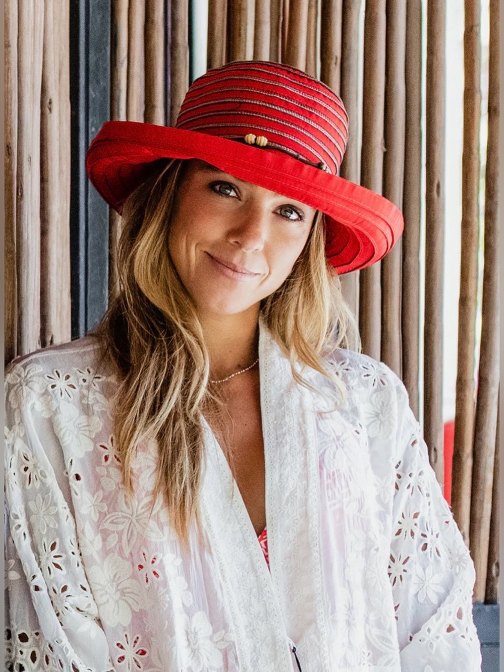 Wallaroo Breton Sun Hat, Red w/ Charming Beaded Tie, Packable